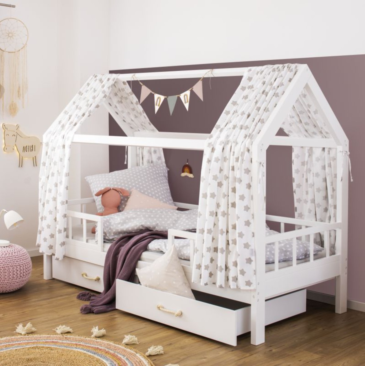 Hausbett Carlotta mit Schubladen und Rausfallschutz, weiß, 200x90 cm